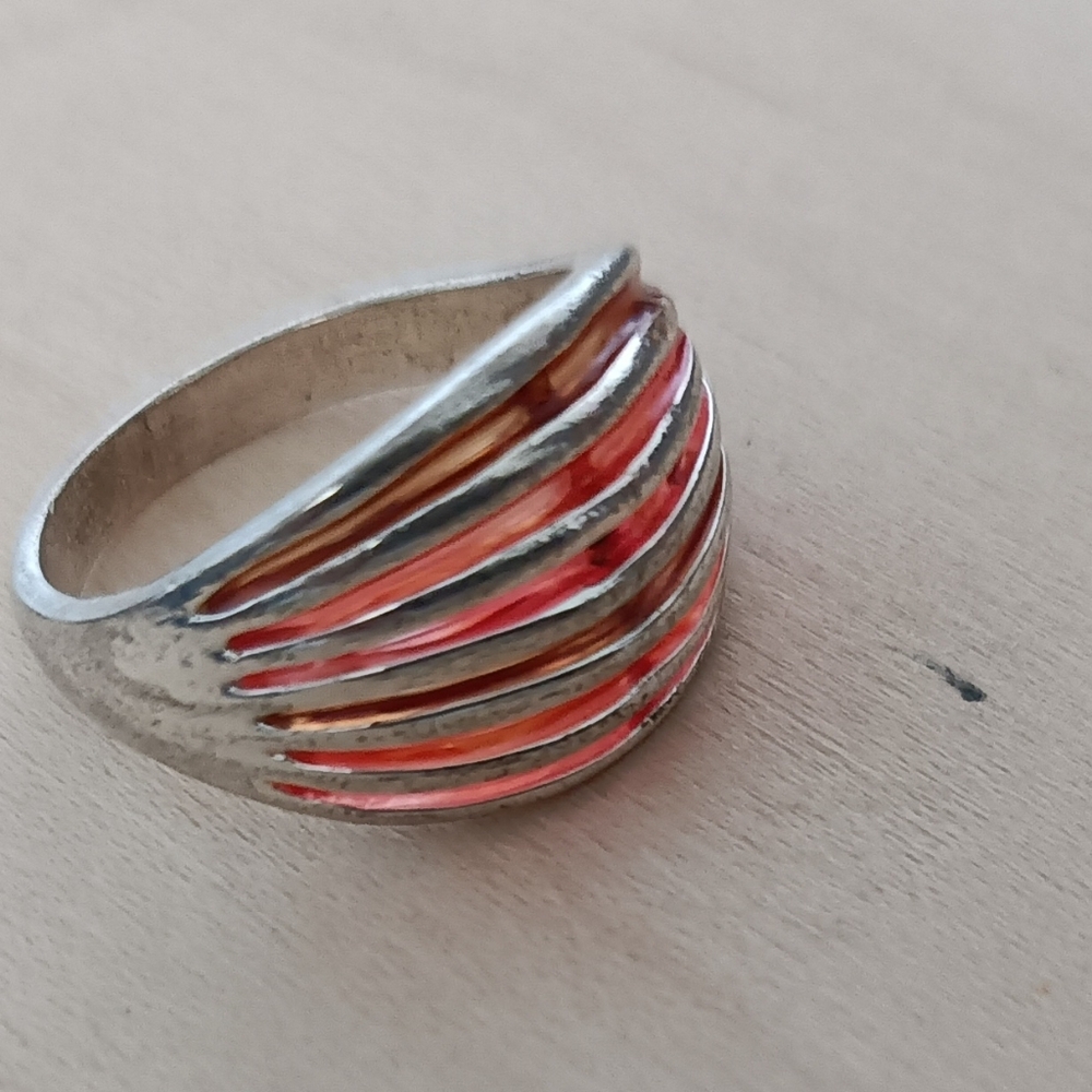 Silver-tone Ring with Red Enamel Accents